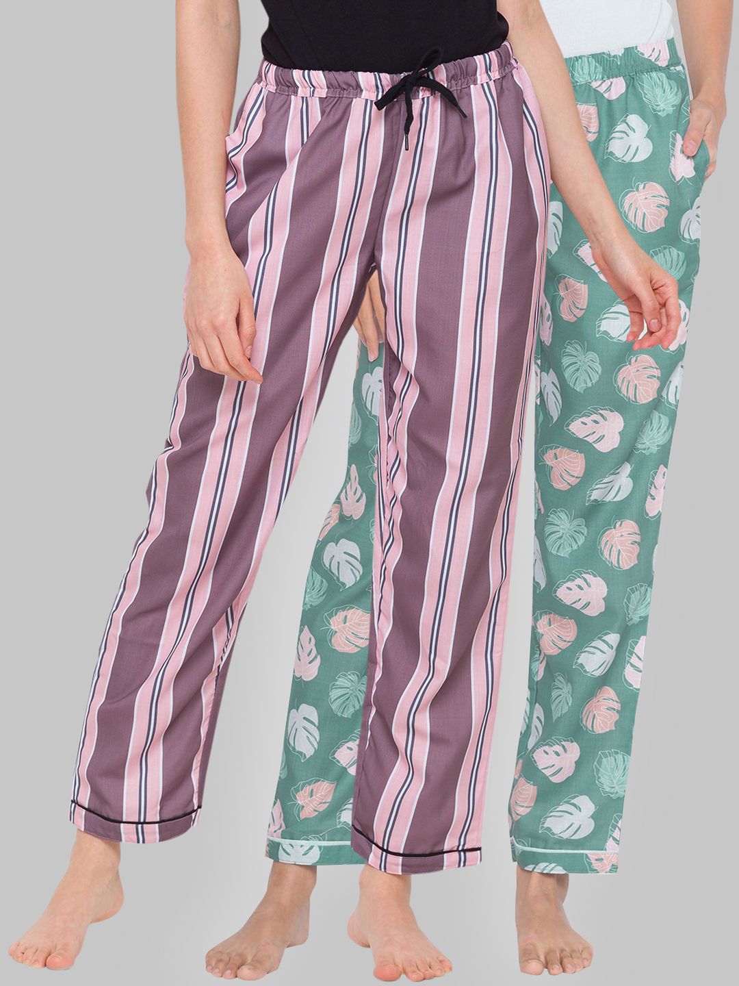 FashionRack Women Pack of 2 Green & Pink Printed Cotton Lounge Pants Price in India