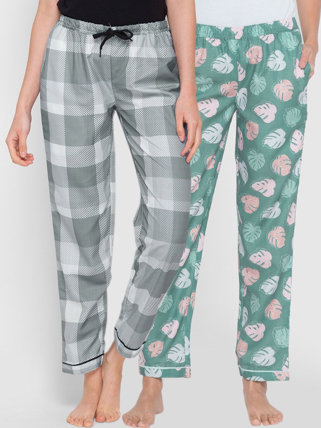 FashionRack Women Pack of 2 Green & Grey Printed Lounge Pants Price in India