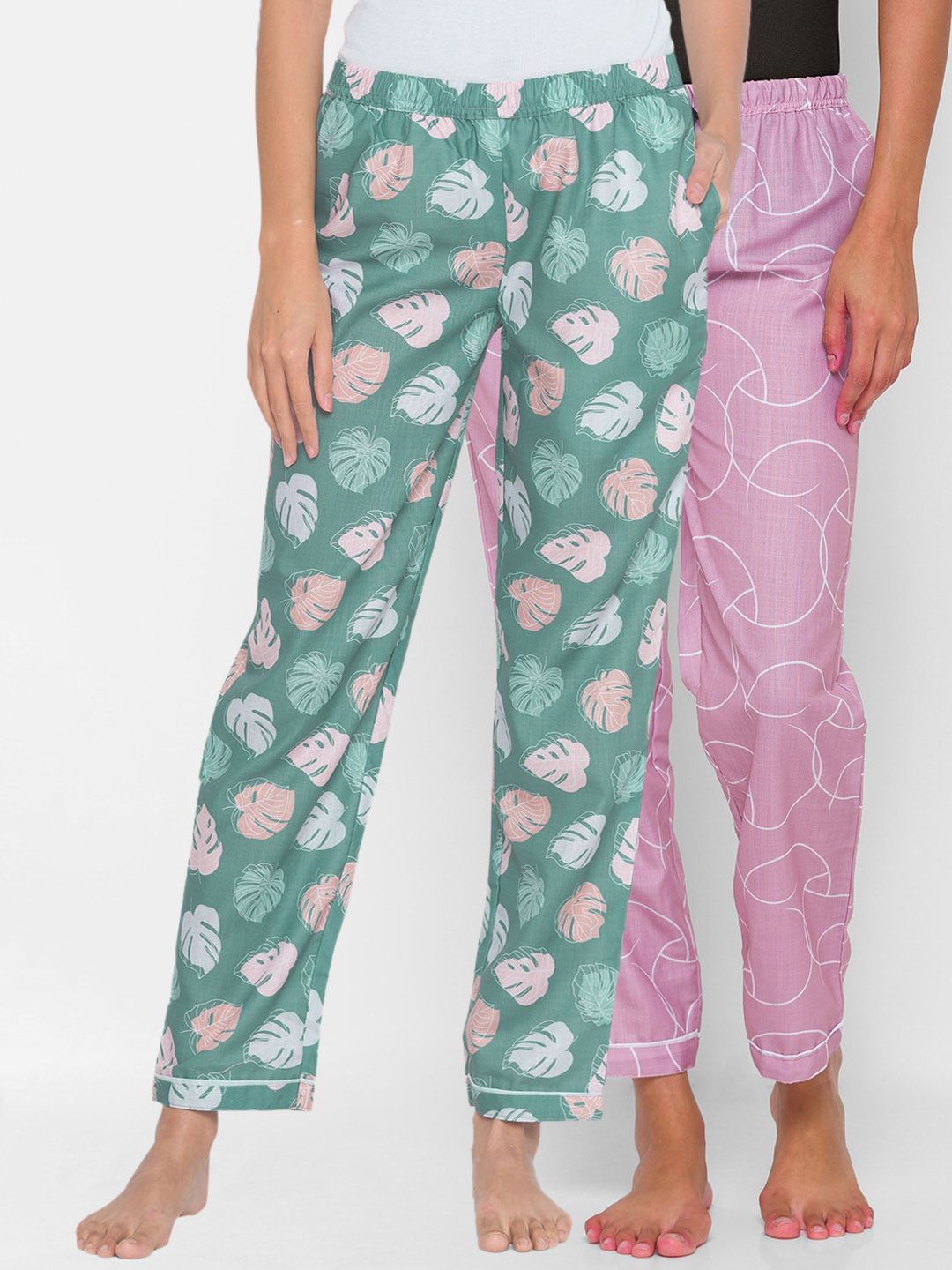 FashionRack Women Pack of 2 Green & Pink Printed Lounge Pants Price in India