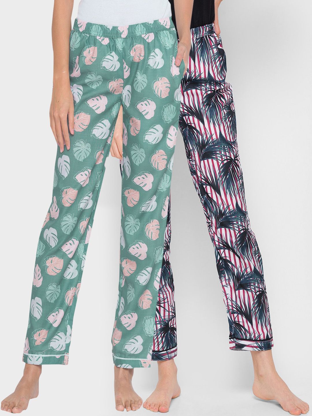 FashionRack Women Pack of 2 Green & Red Printed Lounge Pants Price in India