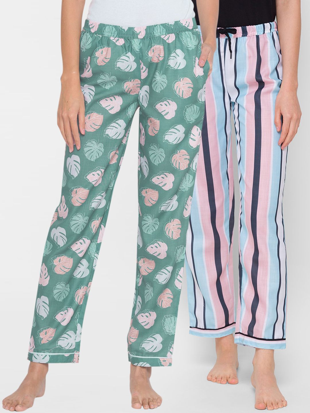 FashionRack Women Pack of 2 Green & Pink Printed Cotton Lounge Pants Price in India