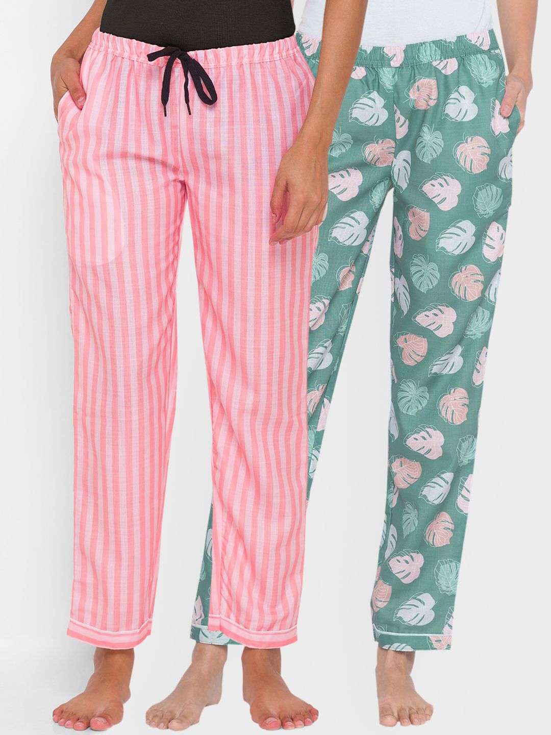 FashionRack Women Pack of 2 Pink & Green Printed Cotton Lounge Pants Price in India