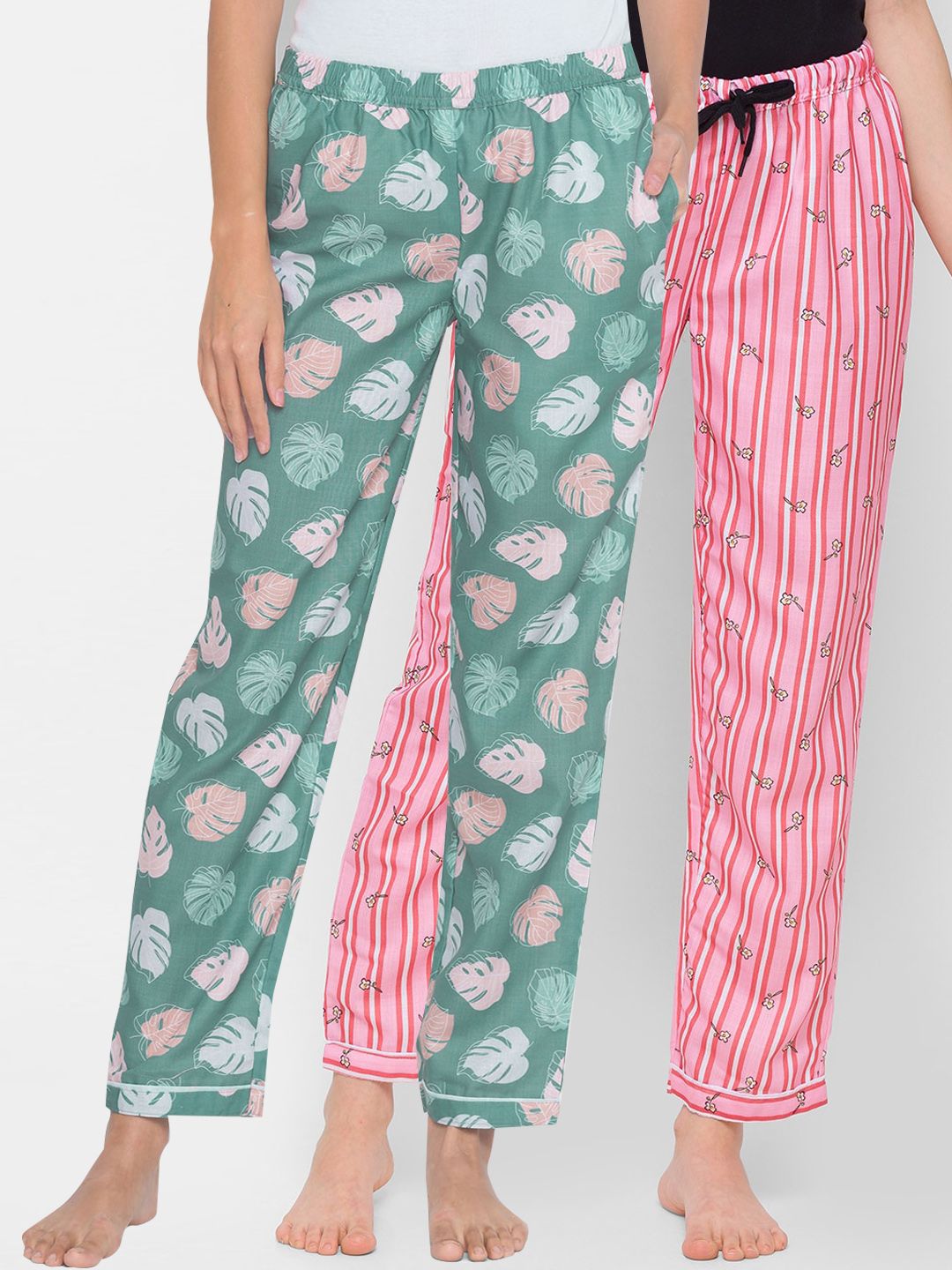 FashionRack Women Pack of 2 Green & Pink Printed Cotton Lounge Pants Price in India