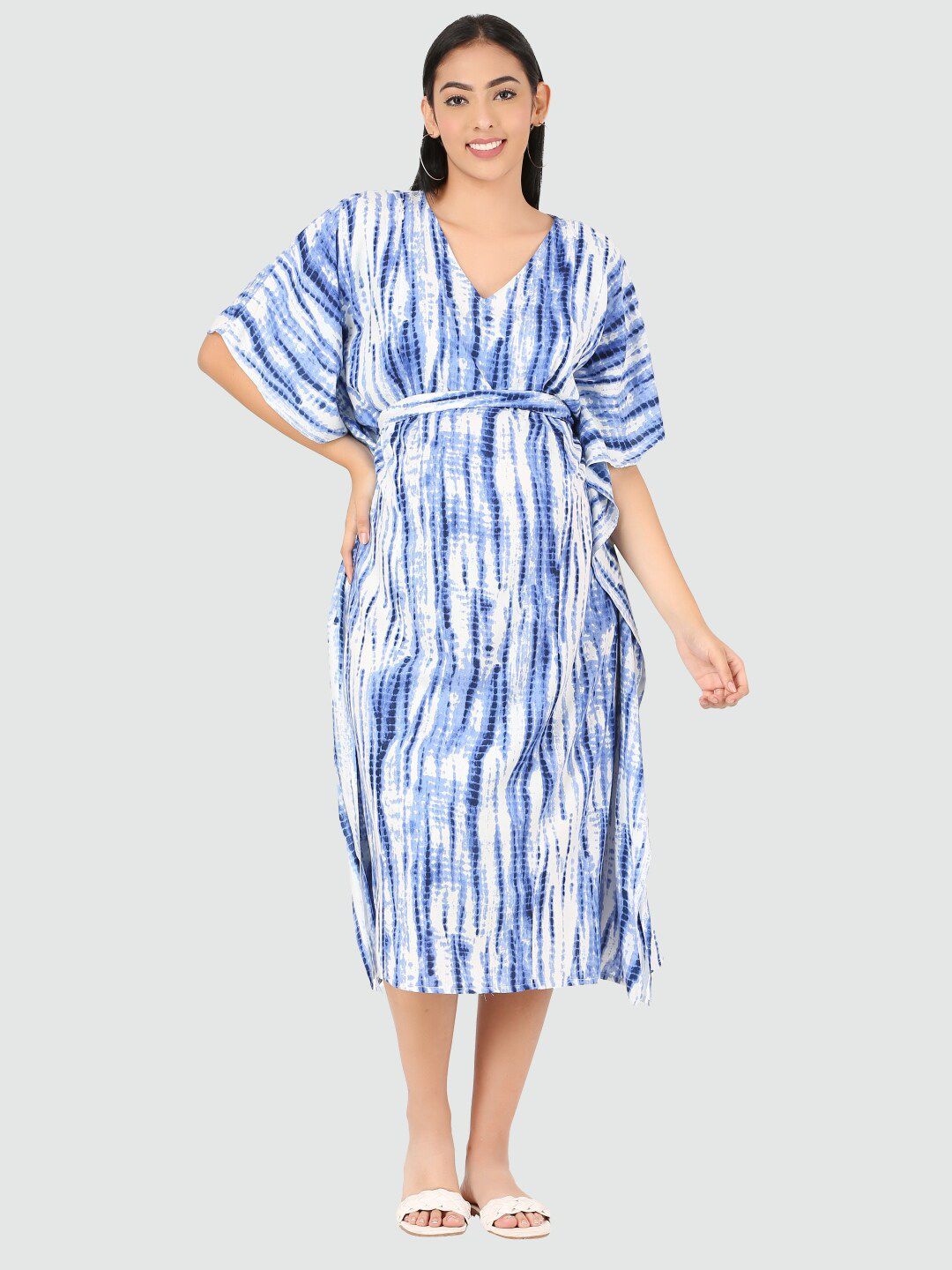 MYLO ESSENTIALS Navy Blue Tie and Dye Dyed Maternity Kaftan Midi Dress Price in India