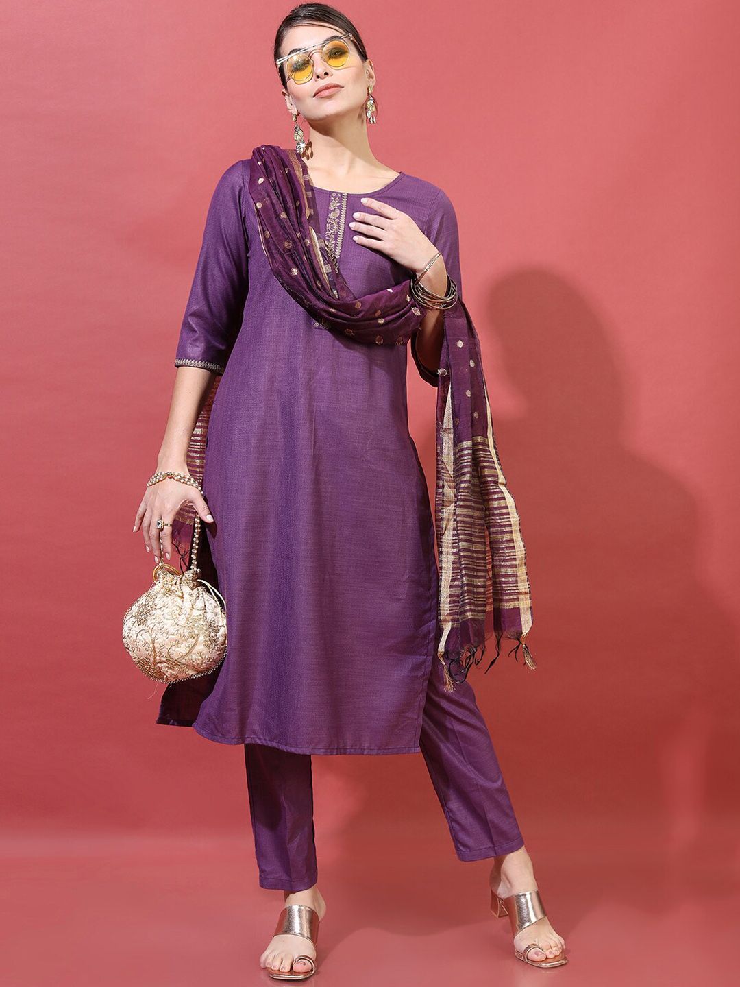 Vishudh Women Purple Ethnic Straight Kurta with Trousers & With Dupatta Price in India