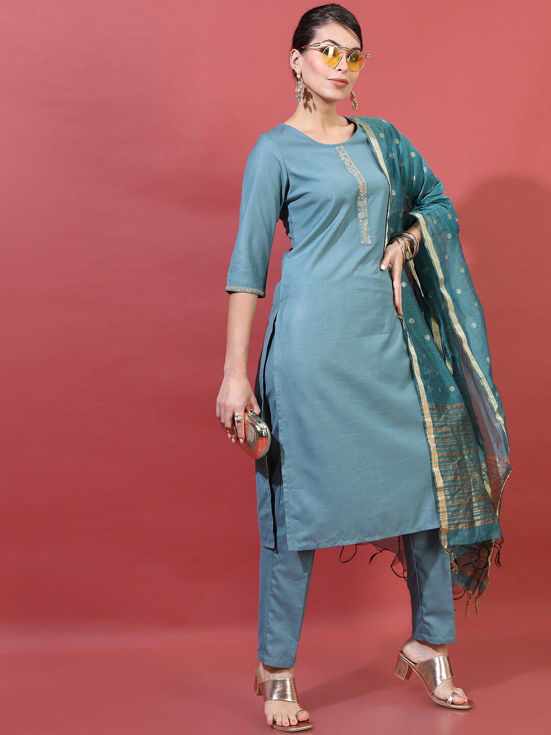 Vishudh Women Turquoise Blue Pleated Kurti with Trouser & With Dupatta