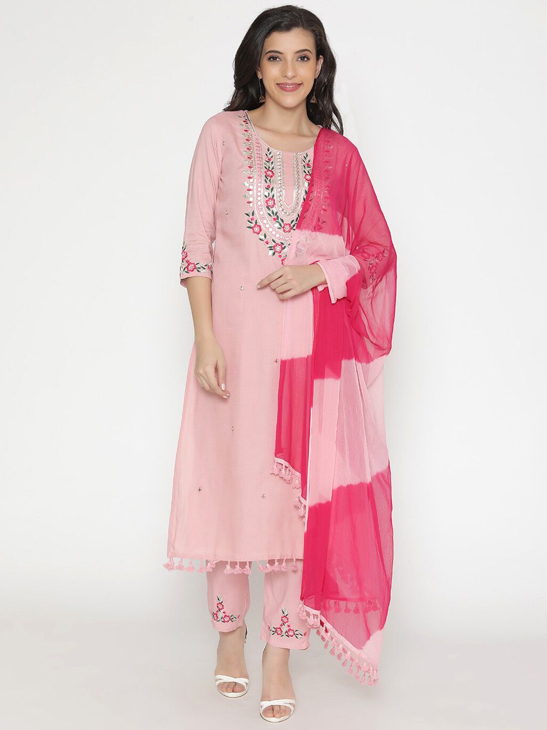 SAABHI Women Peach-Coloured Embroidered Angrakha Gotta Patti Kurti with Palazzos & With Dupatta Price in India