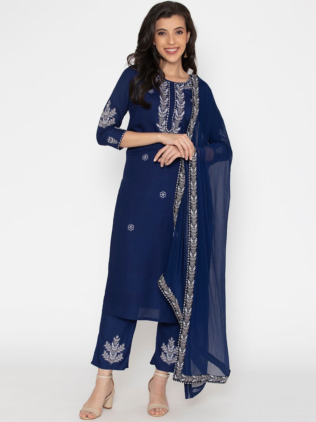 SAABHI Women Navy Blue Ethnic Motifs Embroidered Kurta with Trousers & With Dupatta Price in India