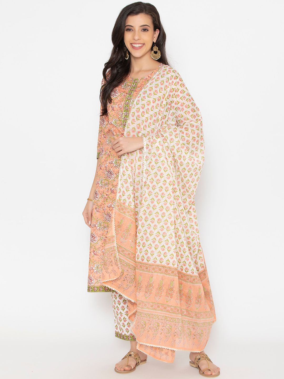 SAABHI Women Peach-Coloured Floral Printed Pure Cotton Kurta with Trousers & With Dupatta Price in India