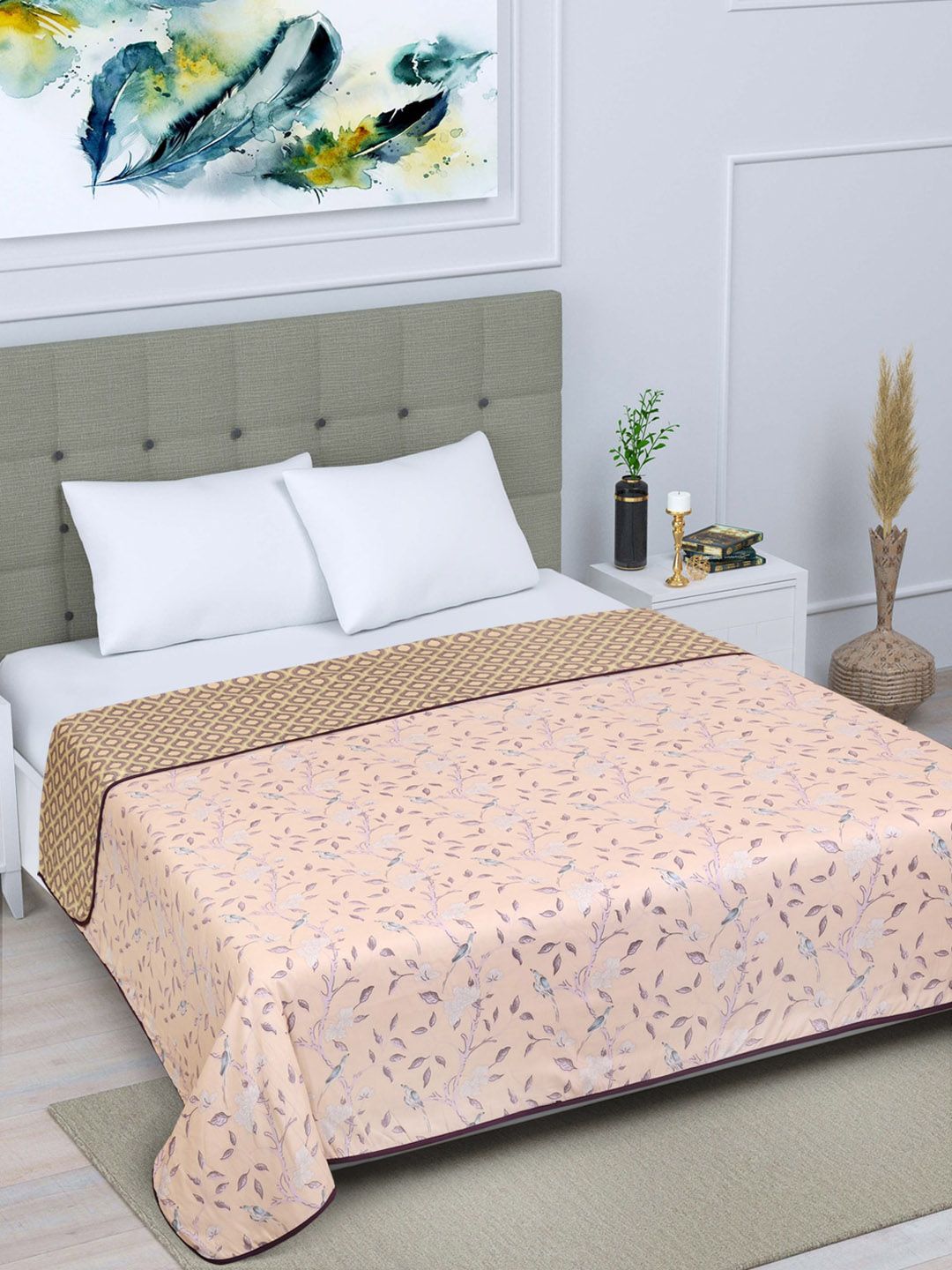 ROMEE Peach-Coloured & Green Floral AC Room 300 GSM Double Bed Dohar Price in India