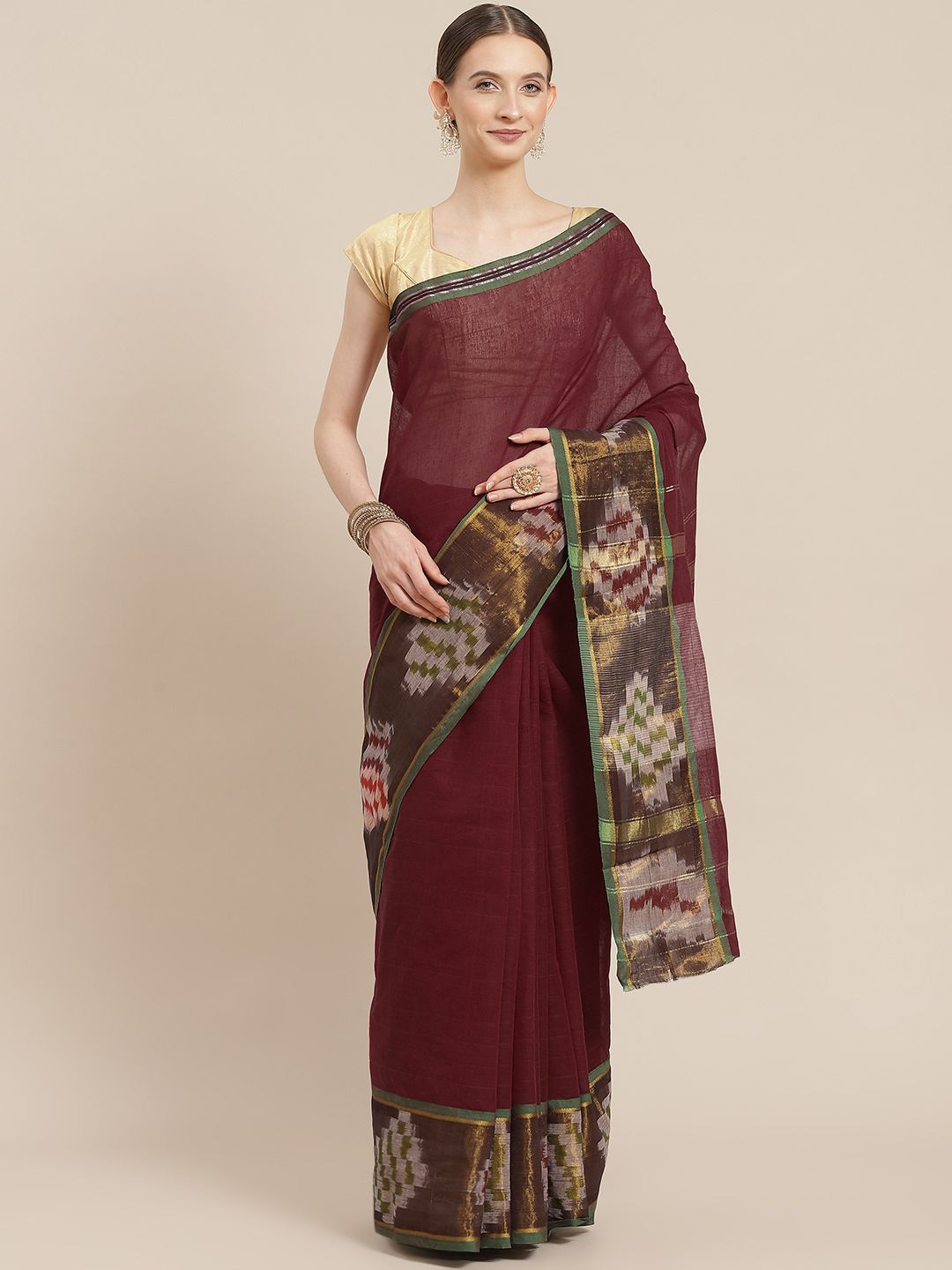 Ishin Maroon Woven Design Zari Pochampally Saree Price in India