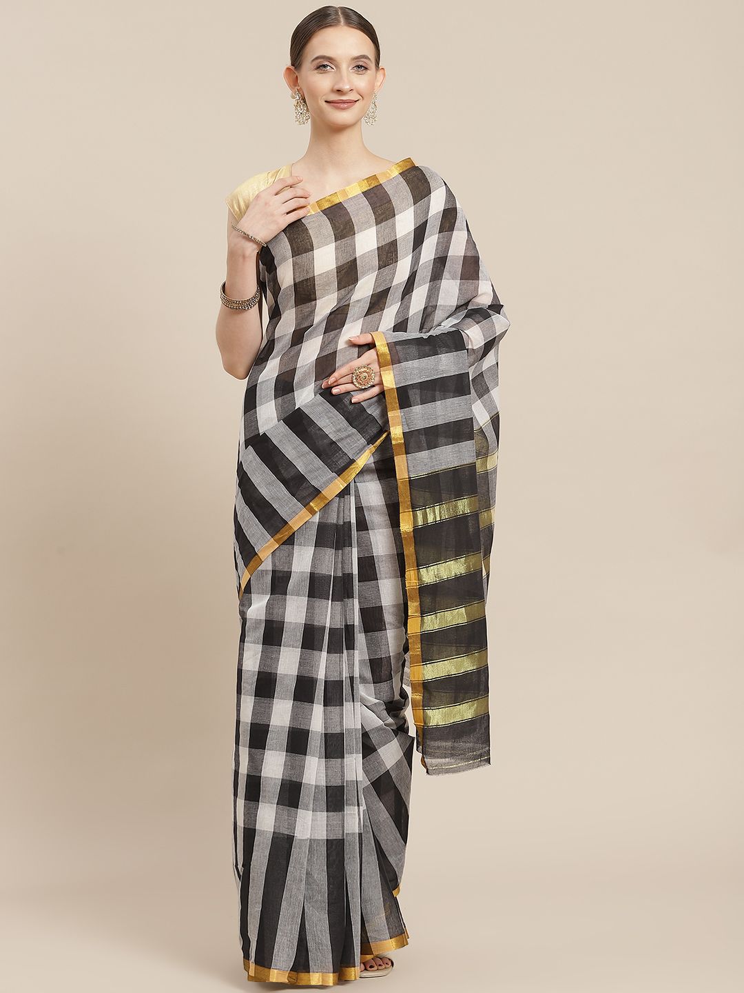 Ishin Black & White Checked Zari Saree Price in India
