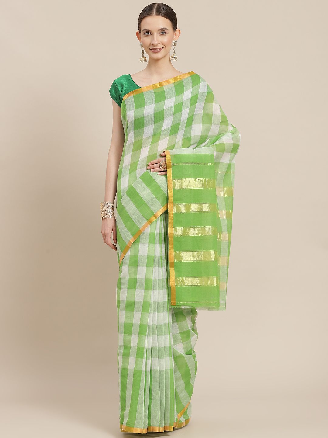 Ishin Green & White Checked Zari Saree Price in India