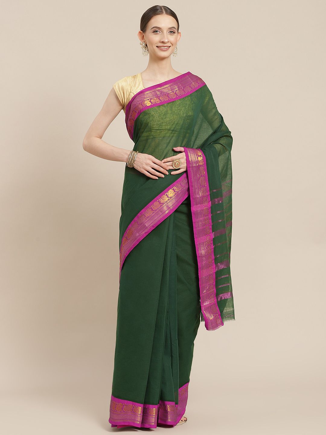 Ishin Green & Pink Solid Zari Saree Price in India