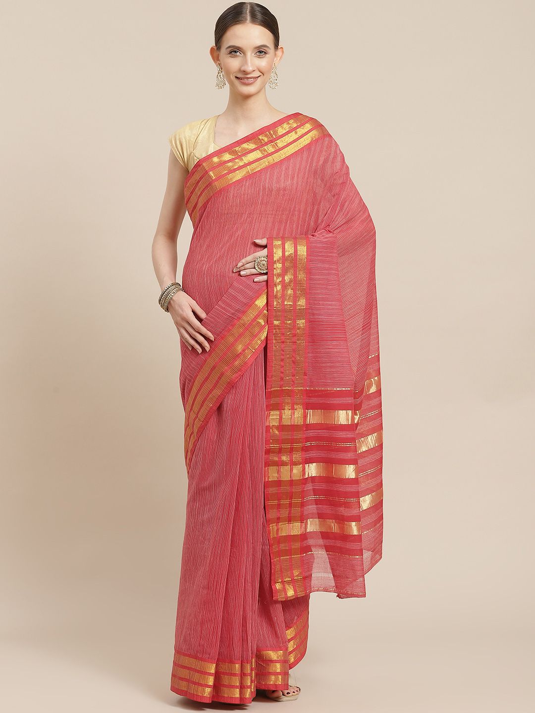 Ishin Red & Gold-Toned Woven Design Zari Saree Price in India