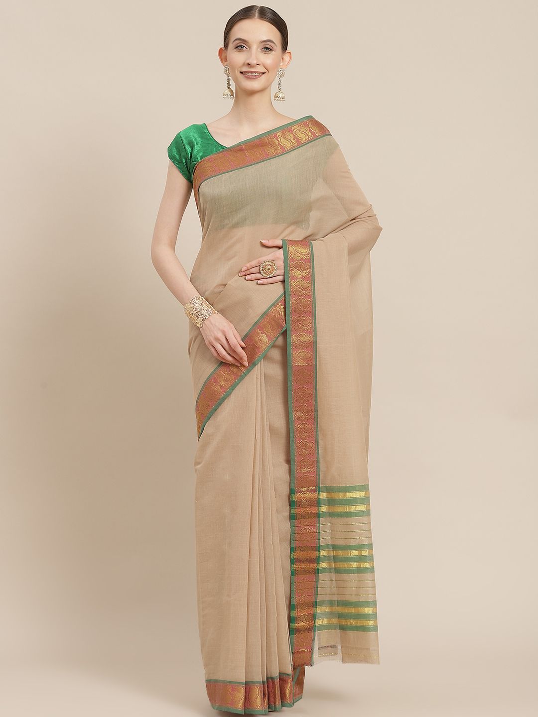 Ishin Beige & Green Woven Design Zari Saree Price in India