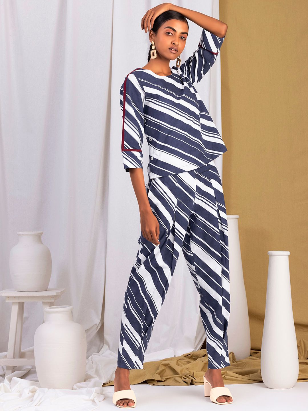 Earthen BY INDYA Women Navy Blue & White Striped Top and Pants Set Price in India