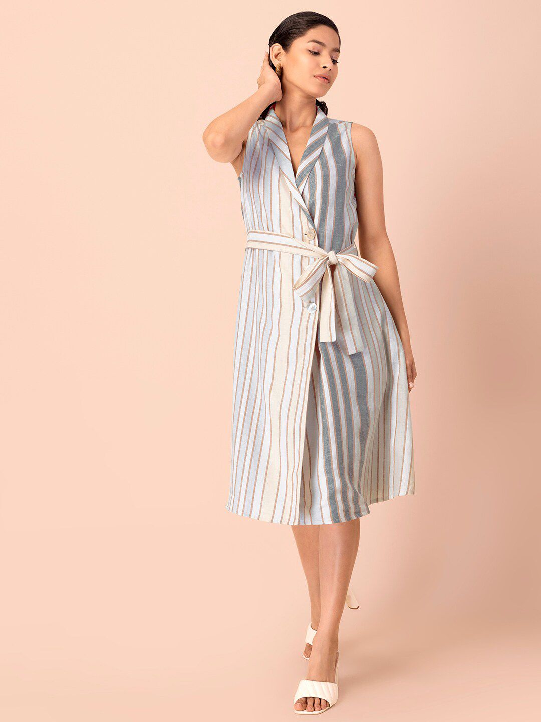 Earthen BY INDYA Women White & Grey Striped Cotton A-Line Dress Price in India