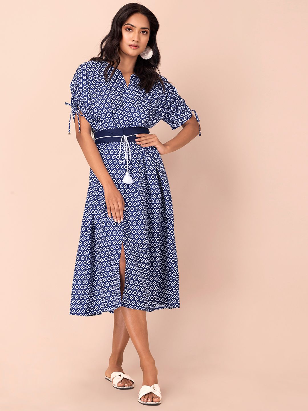 INDYA Blue Ikat Printed Pleated A-Line Dress With Cut-Out Price in India