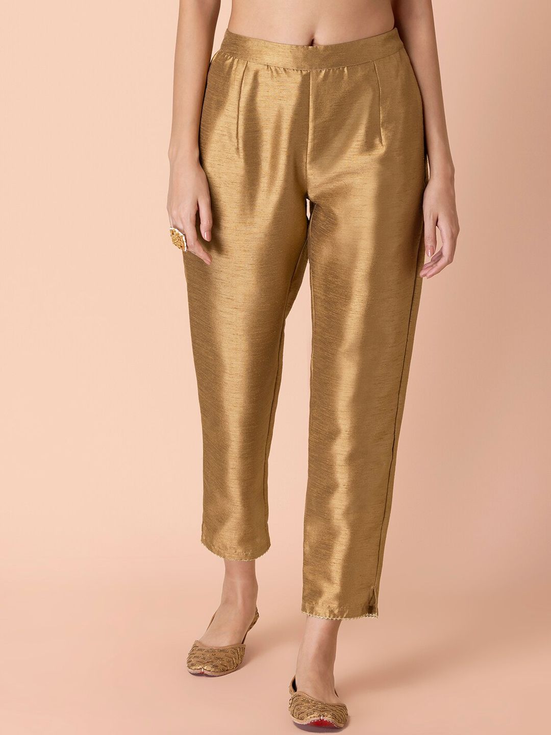 INDYA Women Gold Solid Cigarette Trousers Price in India