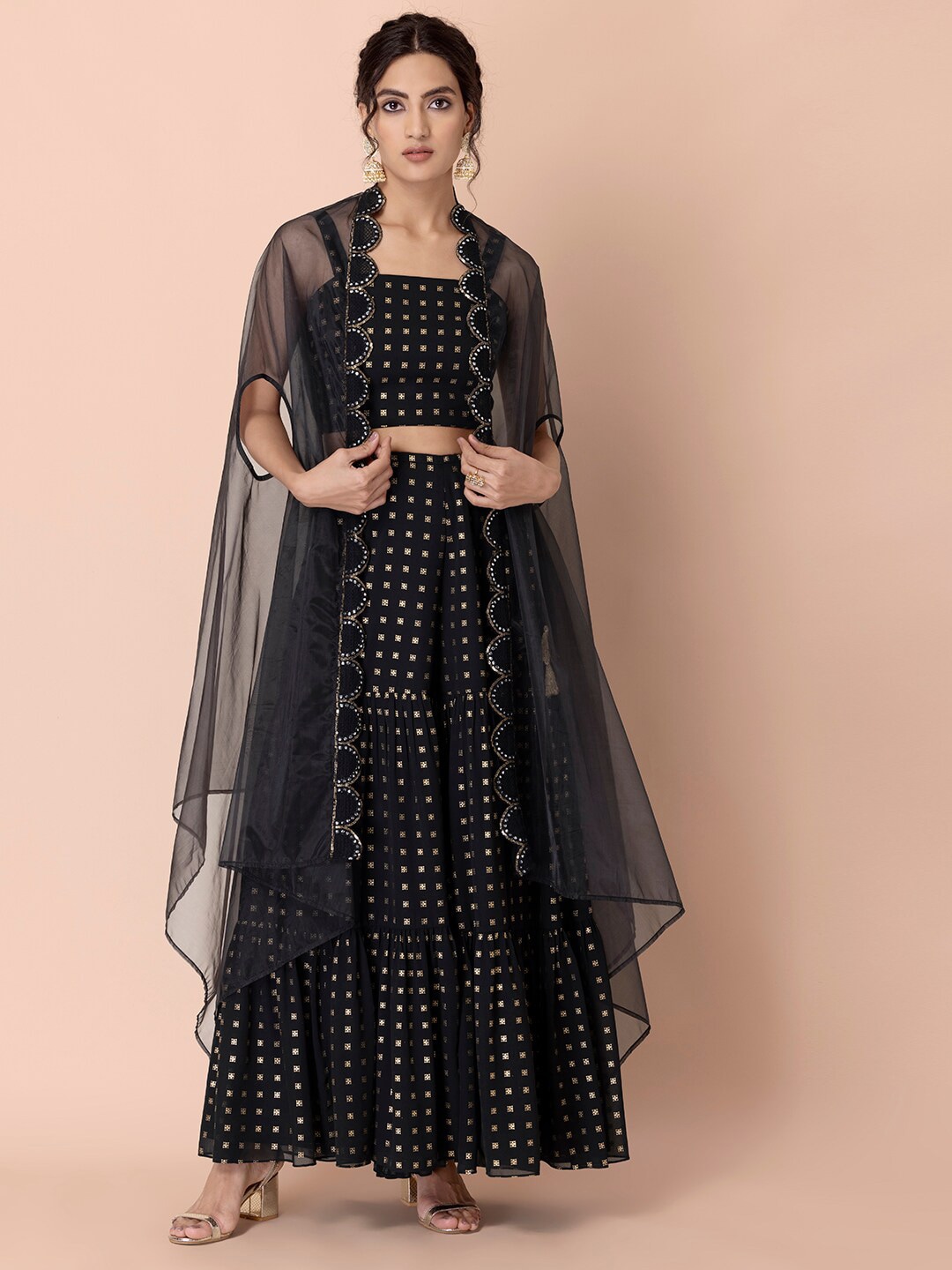 INDYA Women Black & Gold-Toned Embellished Shrug Price in India