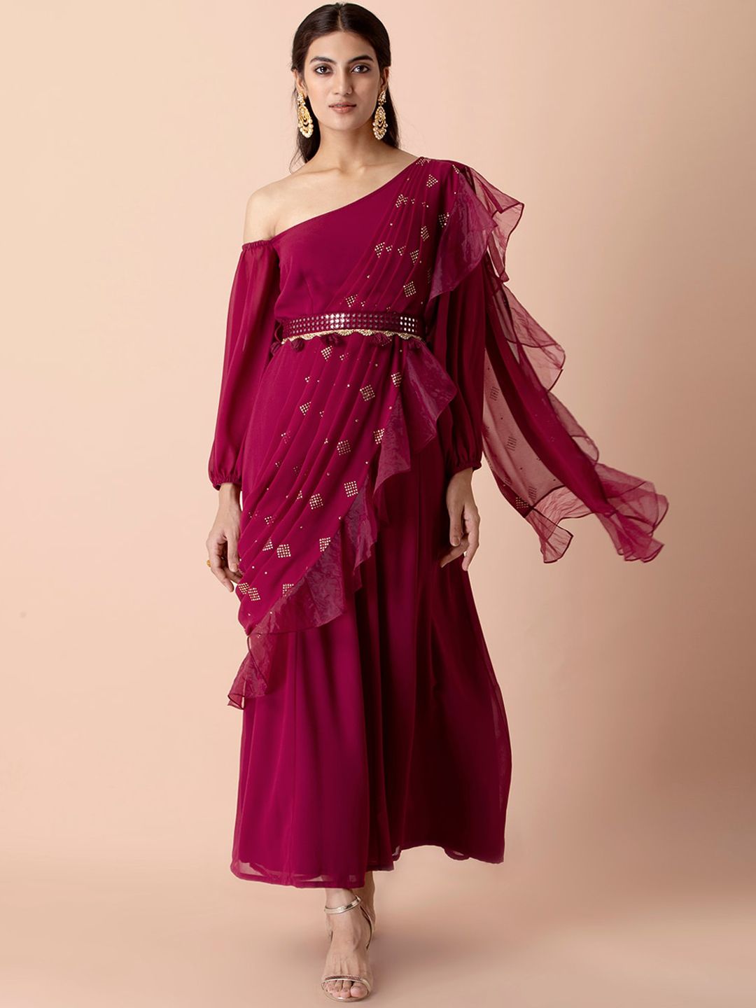 INDYA Women Purple Embellished Belted Detail with Organza Dupatta Georgette Kurta Price in India