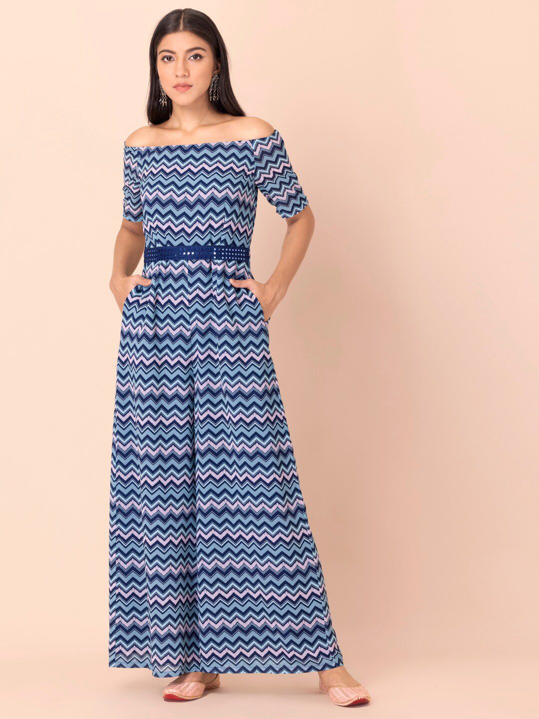 INDYA Women Blue & White Off-Shoulder Chevron Printed Belted Basic Jumpsuit Price in India