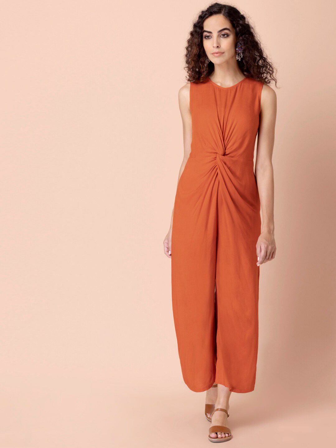 INDYA Women Orange Viscose Knotted Basic Jumpsuit Price in India