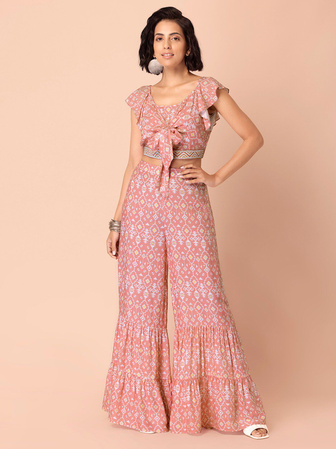 INDYA Women Pink & White Ethnic Motifs Printed Knotted Crop Top with Sharara Price in India