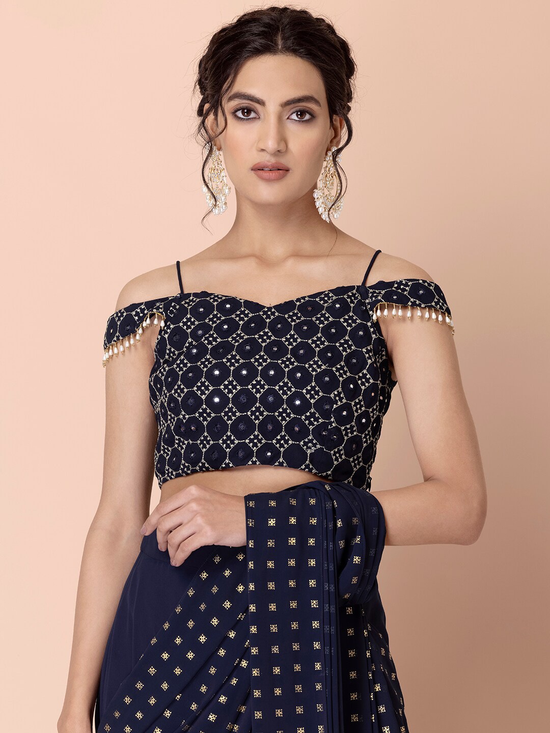 INDYA Women Navy Blue Embroidered Tasseled Off Shoulder Saree Blouse Price in India