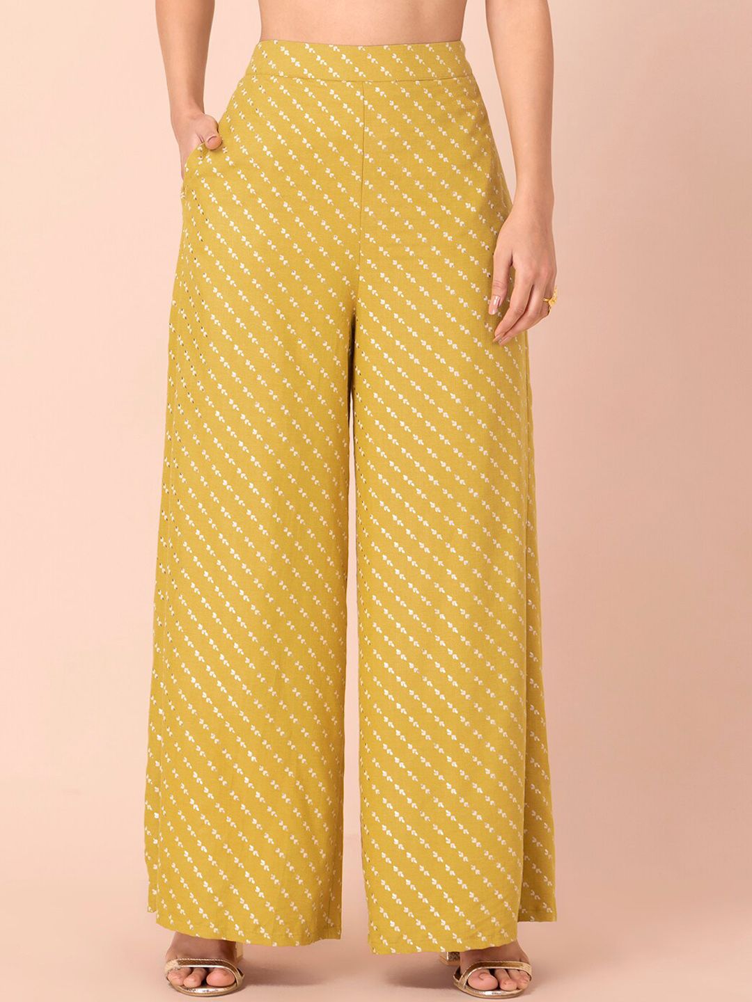 INDYA Women Yellow Embellished Straight Fit Trousers Price in India