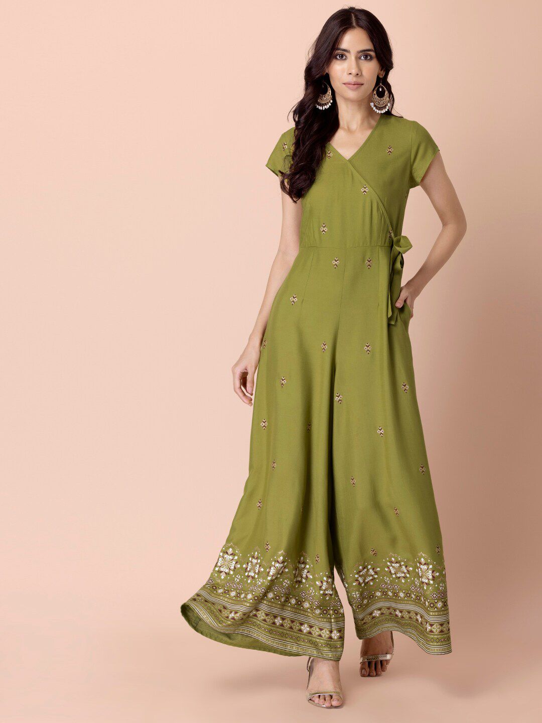 INDYA Green & White Printed Basic Jumpsuit Price in India