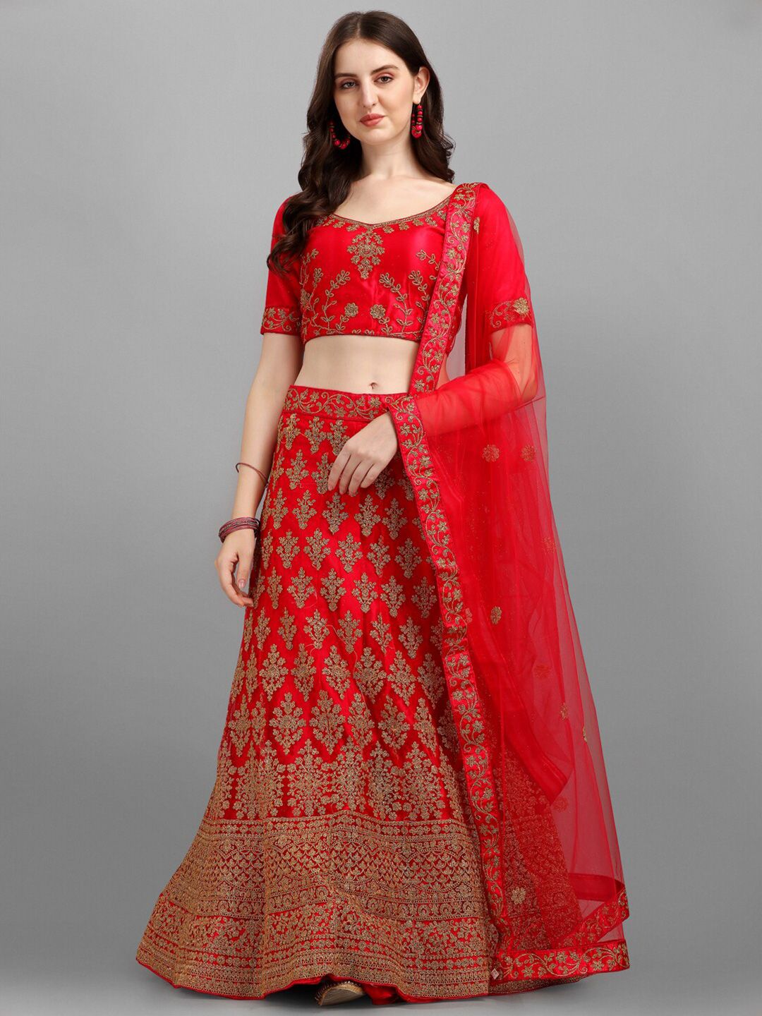 LABEL AARNA Red & Gold-Toned Embroidered Semi-Stitched Lehenga & Unstitched Blouse With Dupatta Price in India