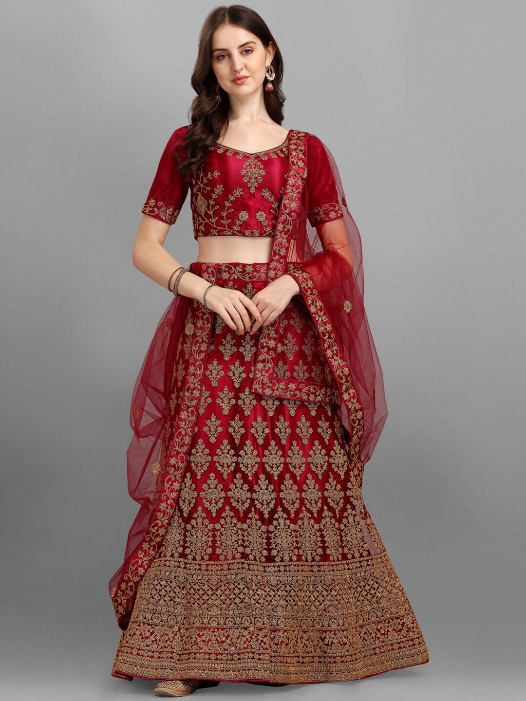 LABEL AARNA Red & Brown Embroidered Semi-Stitched Lehenga & Unstitched Blouse With Dupatta Price in India