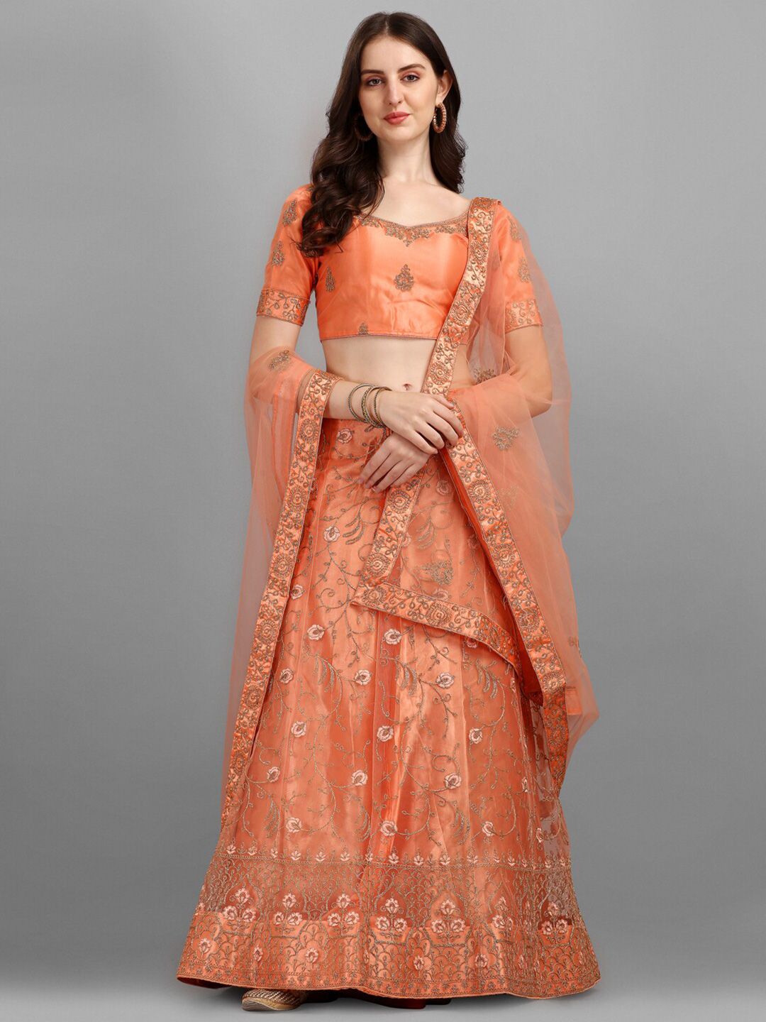 LABEL AARNA Orange & Gold-Toned Embellished Semi-Stitched Lehenga Choli Price in India