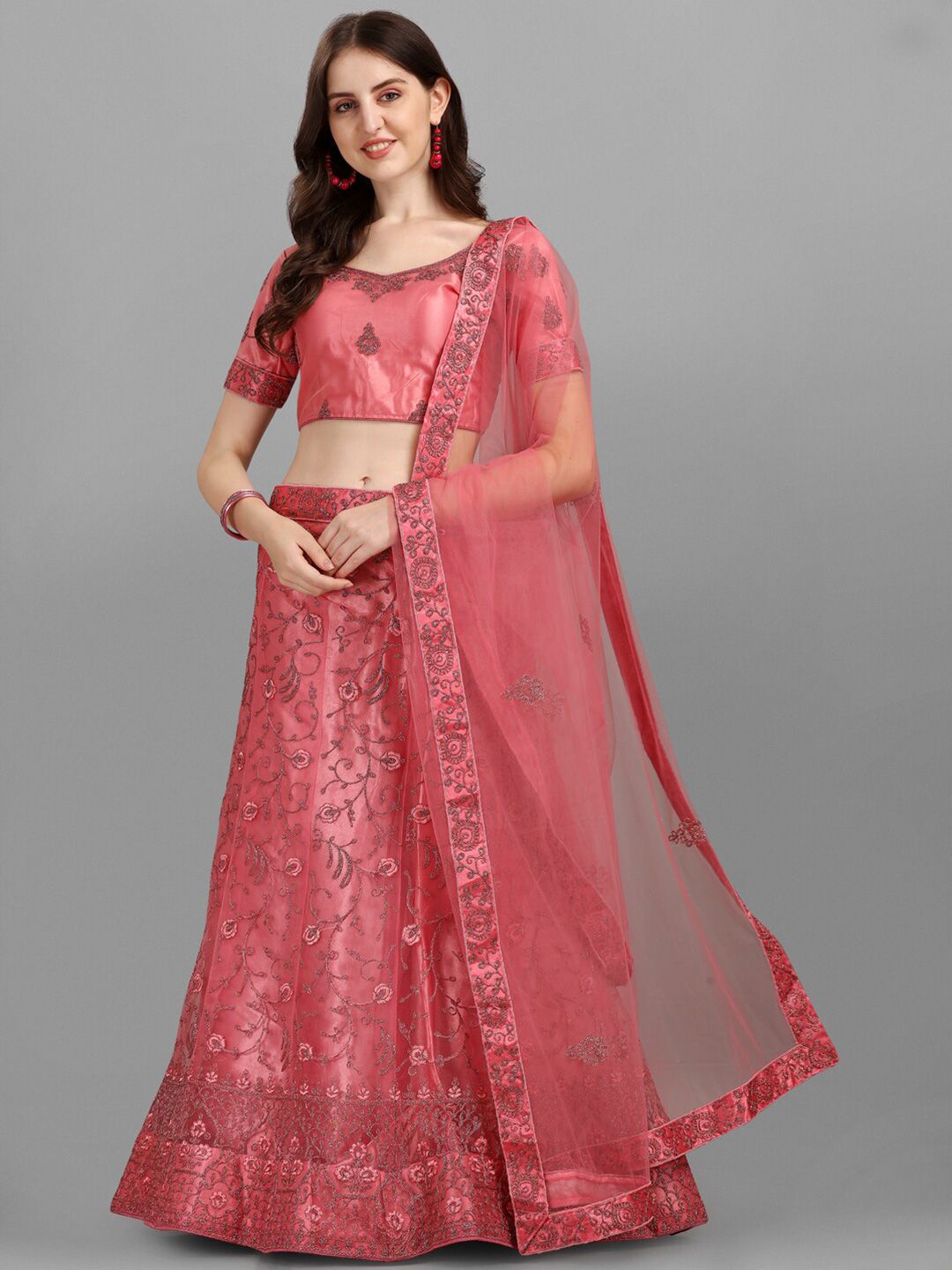 LABEL AARNA Pink & Silver-Toned Embellished Semi-Stitched Lehenga Choli Price in India
