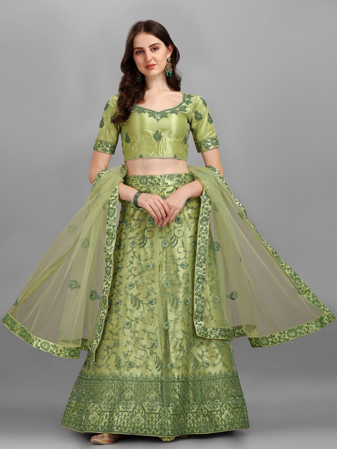 LABEL AARNA Green Embroidered Semi-Stitched Lehenga & Unstitched Blouse With Dupatta Price in India