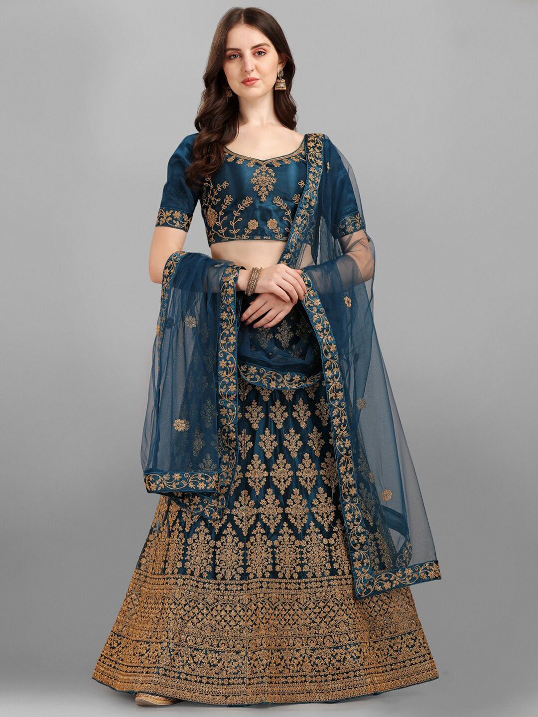 LABEL AARNA Navy Blue & Gold-Toned Semi-Stitched Lehenga & Unstitched Blouse With Dupatta Price in India