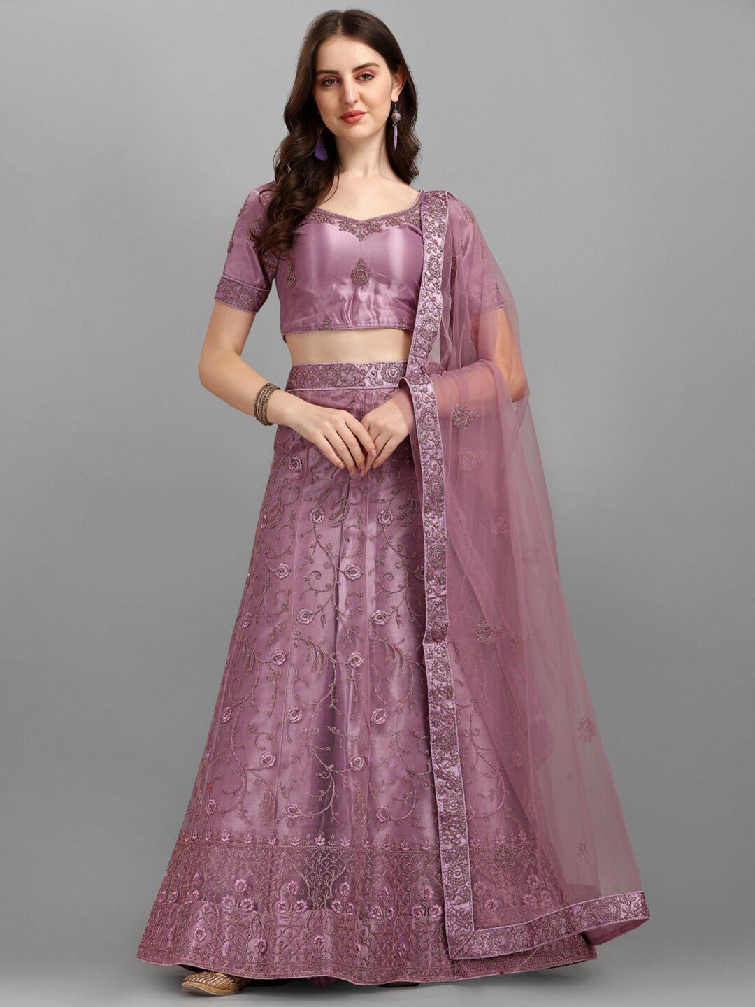 LABEL AARNA Purple Embroidered Semi-Stitched Lehenga & Unstitched Blouse With Dupatta Price in India