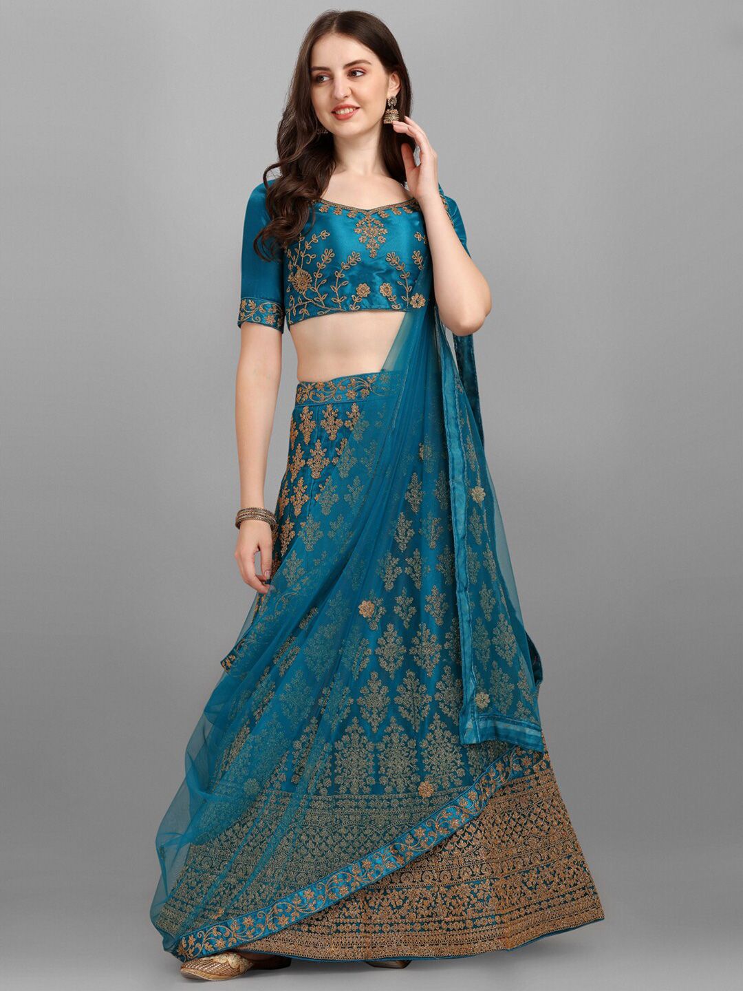 LABEL AARNA Blue & Gold-Toned Embroidered Semi-Stitched Lehenga & Unstitched Blouse With Dupatta Price in India
