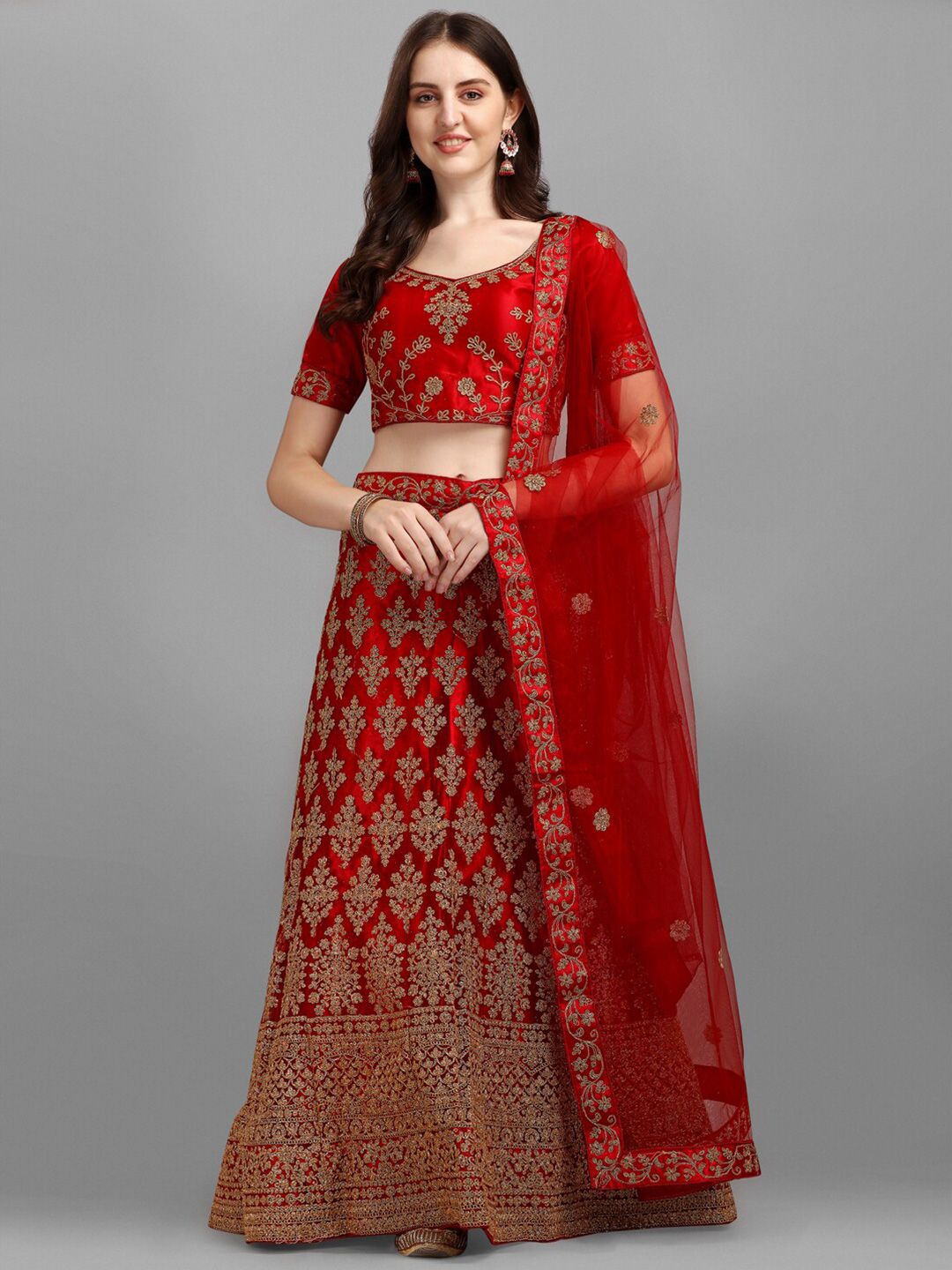 LABEL AARNA Red & Gold-Toned Embroidered Thread Work Semi-Stitched Lehenga & Unstitched Blouse With Dupatta Price in India