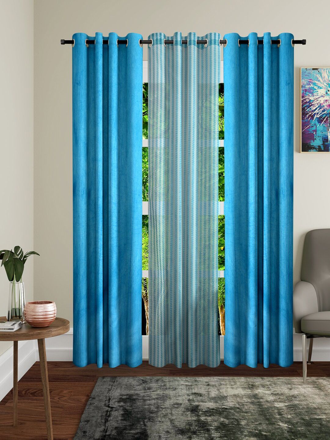 Home Sizzler Turquoise Blue & White Set of 3 Geometric Door Curtain Price in India