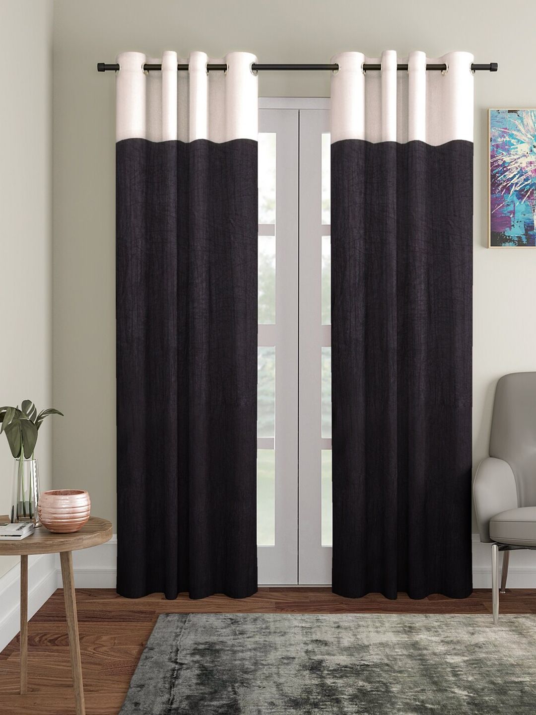 Home Sizzler Black & Cream-Coloured Set of 2 Long Door Curtain Price in India