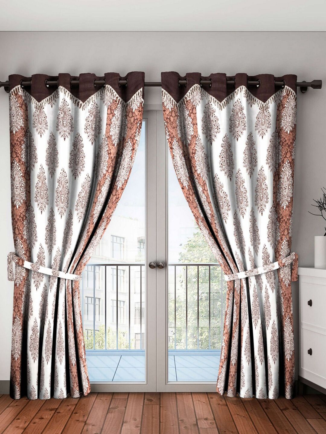 Home Sizzler Adults Unisex Brown & White Set of 2 Ethnic Motifs Long Door Curtain Price in India