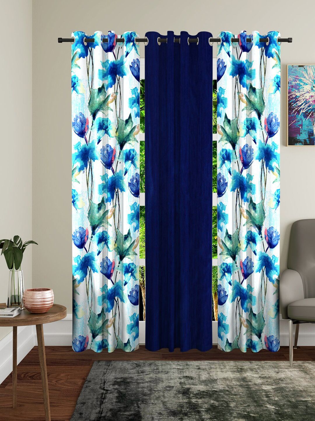 Home Sizzler Navy Blue & White Set of 3 Floral Long Door Curtain Price in India