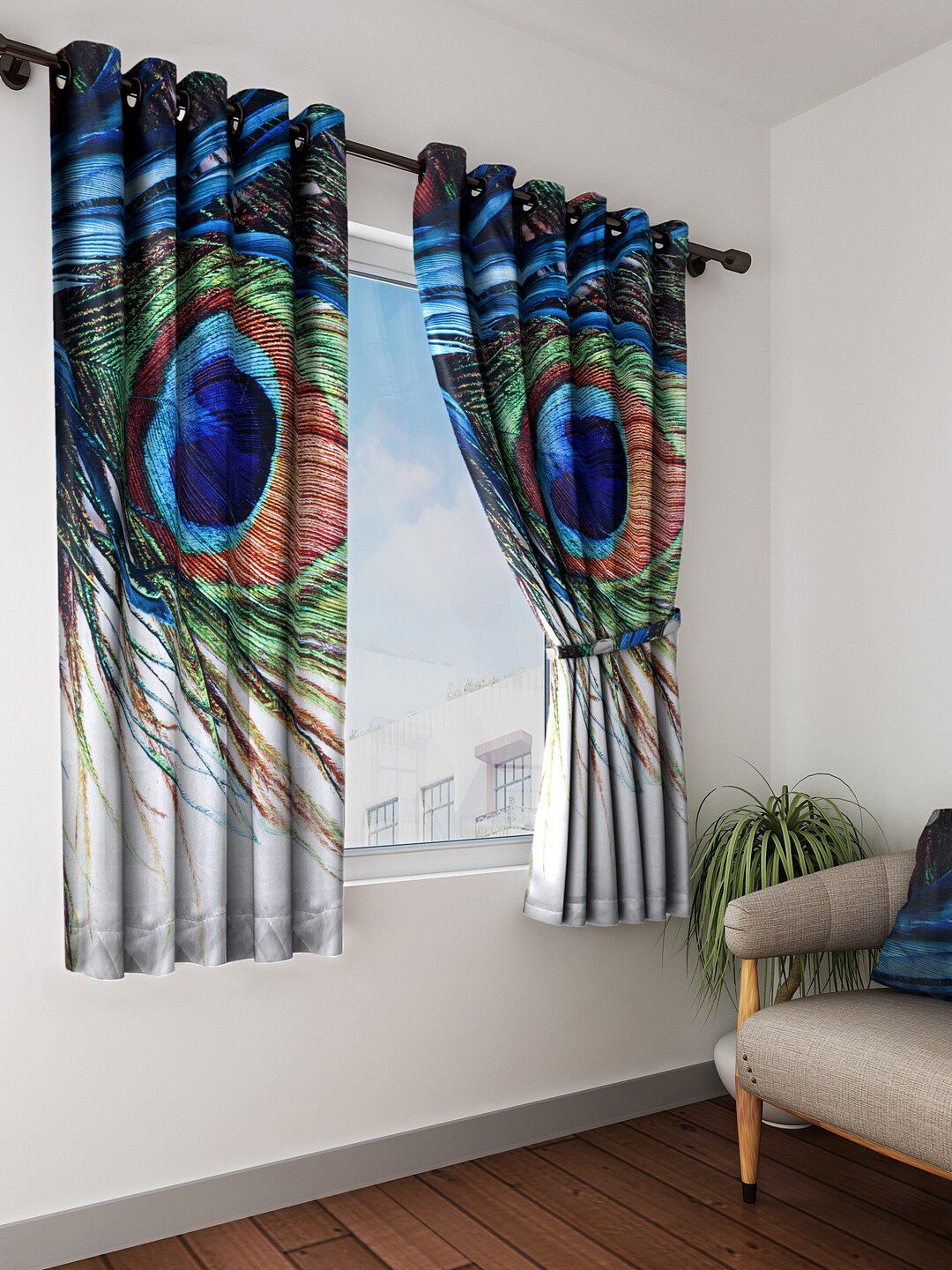 Home Sizzler Blue & Green Set of 2 Printed Room Darkening Window Curtains Price in India