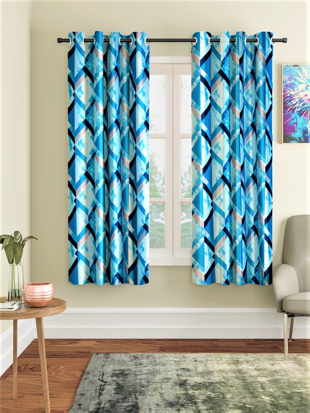 Home Sizzler Turquoise Blue & White Set of 2 Semi Transparent Geometric Window Curtain Price in India