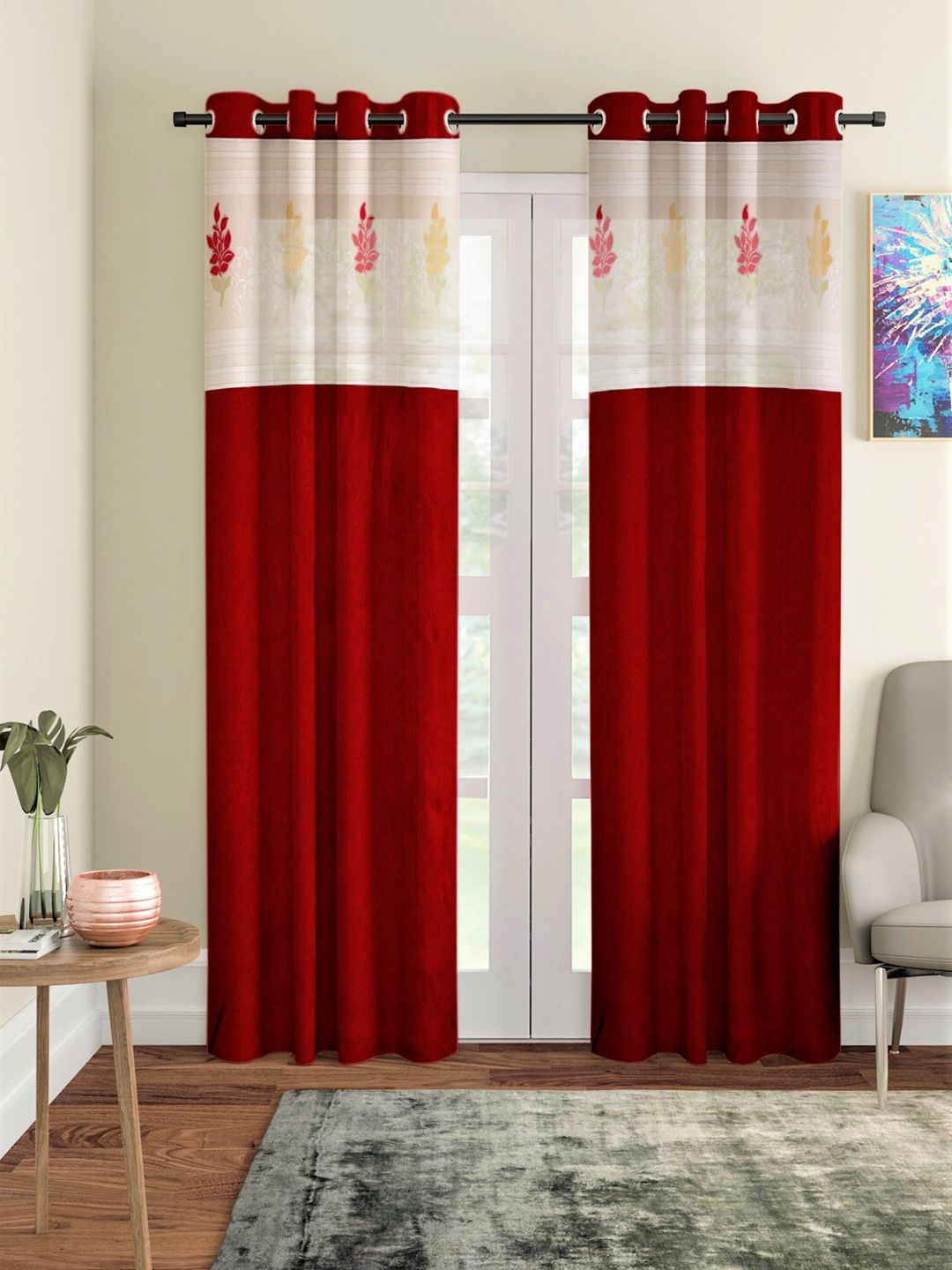 Home Sizzler Maroon & Off White Set of 2 Embroidered Sheer Polyester Long Door Curtain Price in India