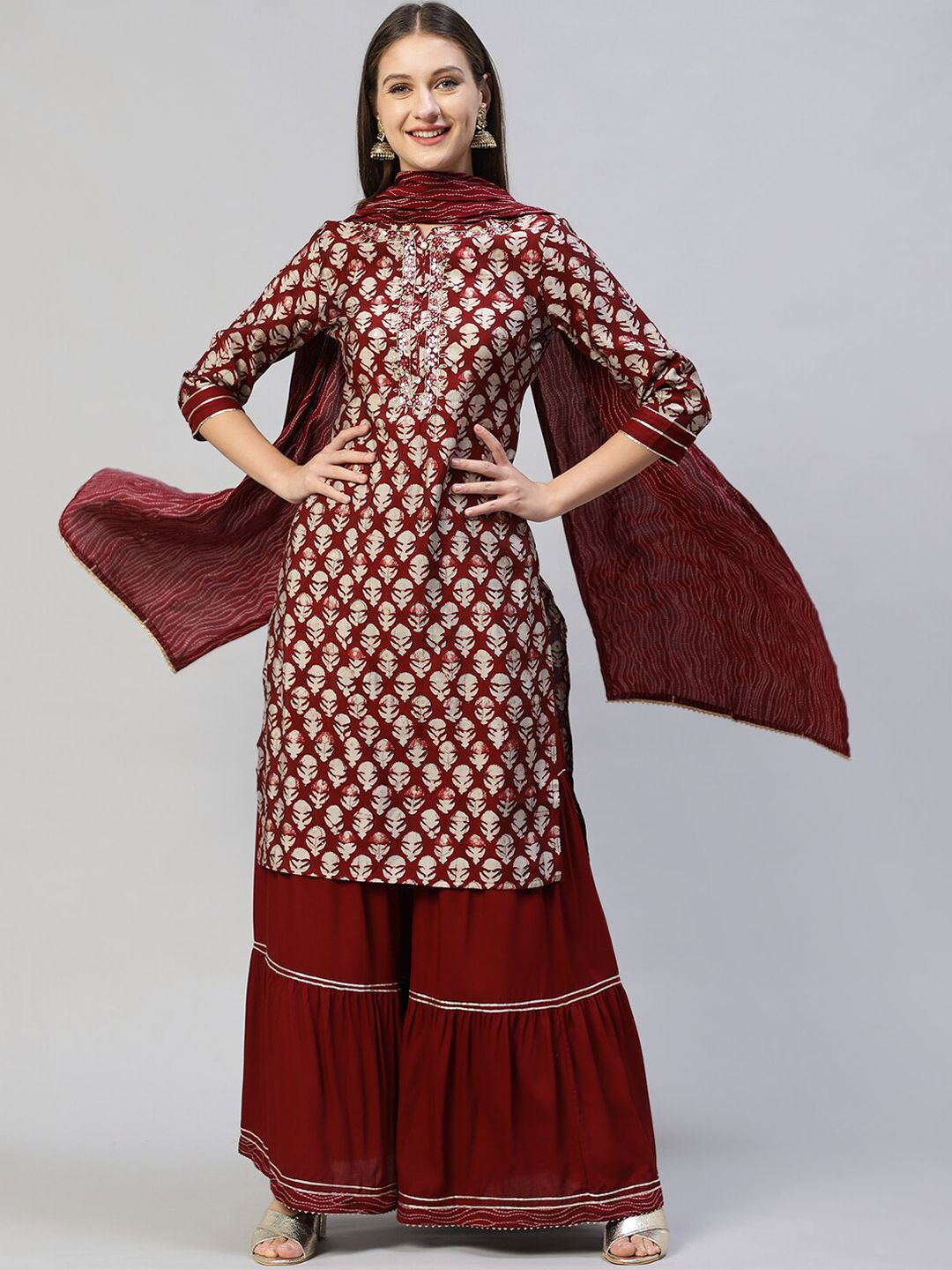 FASHOR Women Maroon Ethnic Motifs Kurta with Sharara & With Dupatta Price in India