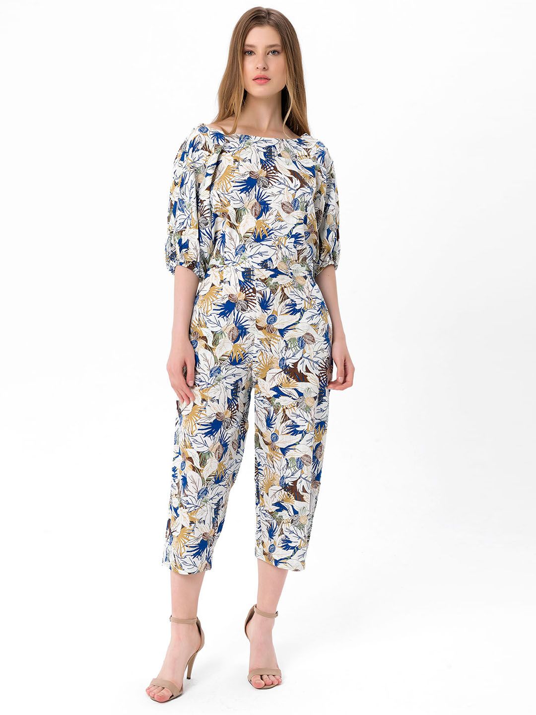 bebe PLUS White & Navy Blue Printed Pure Cotton Culotte Jumpsuit Price in India